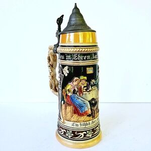 Vintage‎ 13" Tall German Beer Stein Bar Hand Painted Ceramic Pewter Lid  M618.4